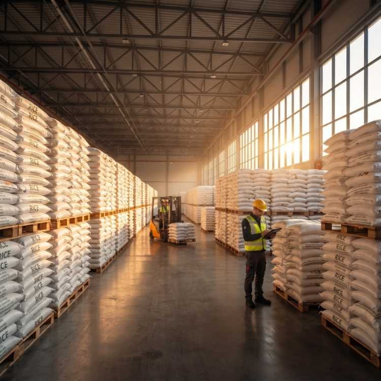 Warehouse filled with bags of rice bathed in golden sunlight